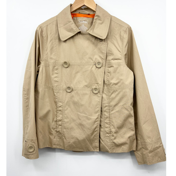 L.L. Bean Double Breasted Trench Lined‎ Coat Jacket Medium Tan Button Up - Picture 1 of 7